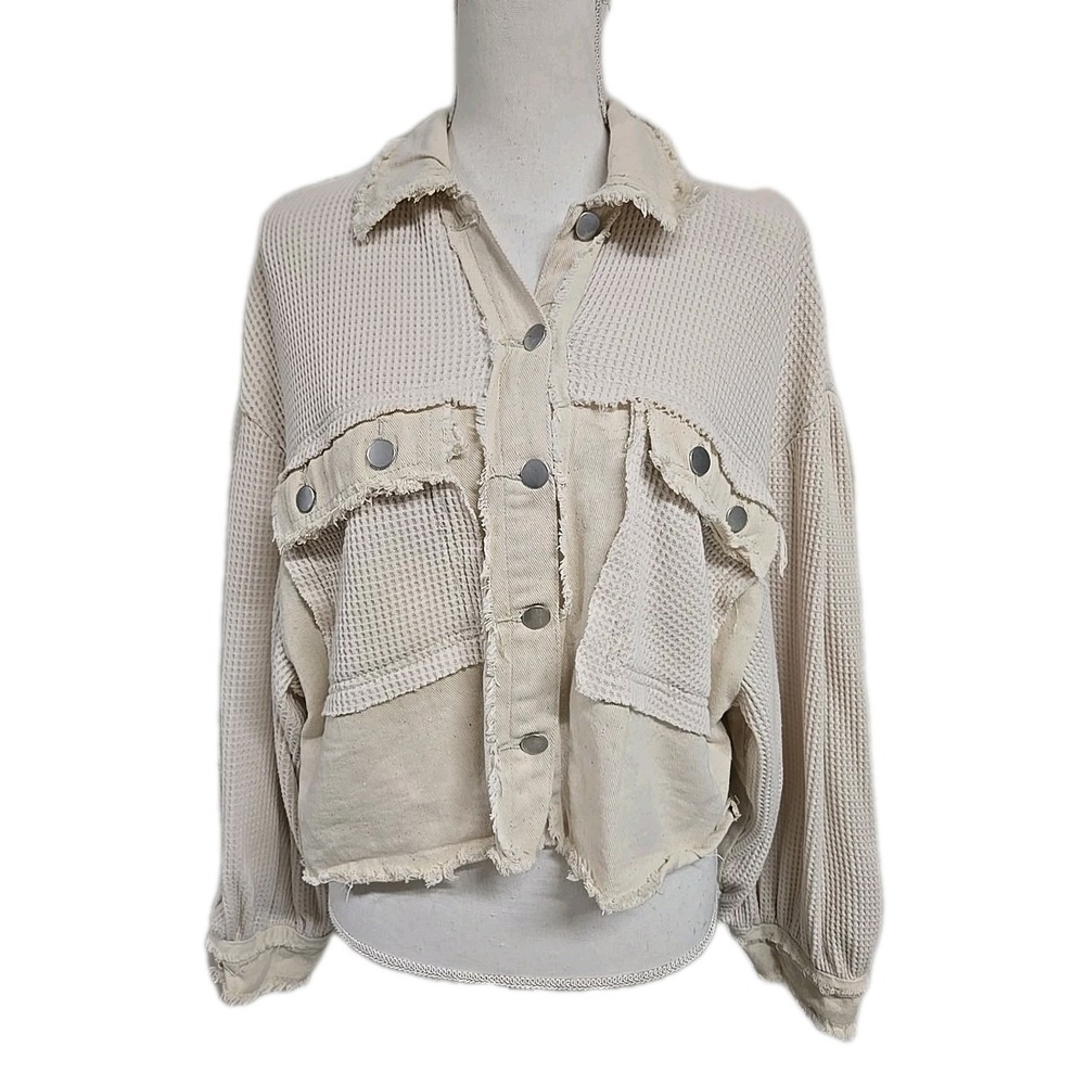 Vici Cropped‎ Waffle Knit Denim Shacket Raw Hem Pockets Beige Women's Size XS